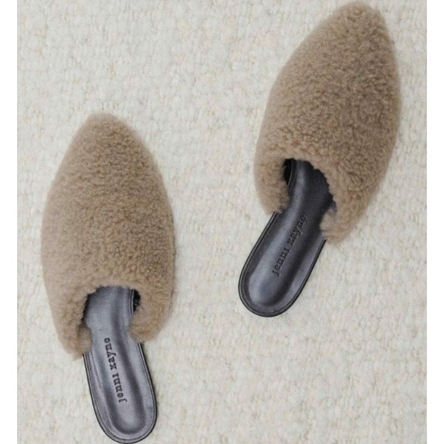 Jenni Kayne Shearling Mule Slippers Camel Tan Pointed Toe Leather Slides Womens